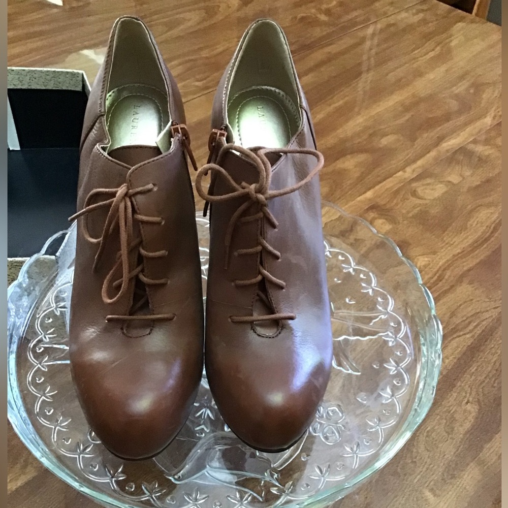 Lauren Blakwell Cognac Brown Leather Lace Up Spike Heel Shoes